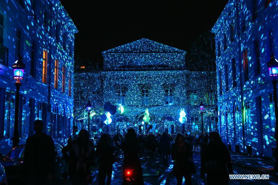 Visitors view an artistic light installation on the Bright Brussels Festival in Brussels, capital of Belgium, Feb. 14, 2019. Featuring a dozen of light installations, Bright Brussels Festival is held from Feb. 14 to Feb. 17, aiming to present the magic of light to the public. (Xinhua/Zhang Cheng)