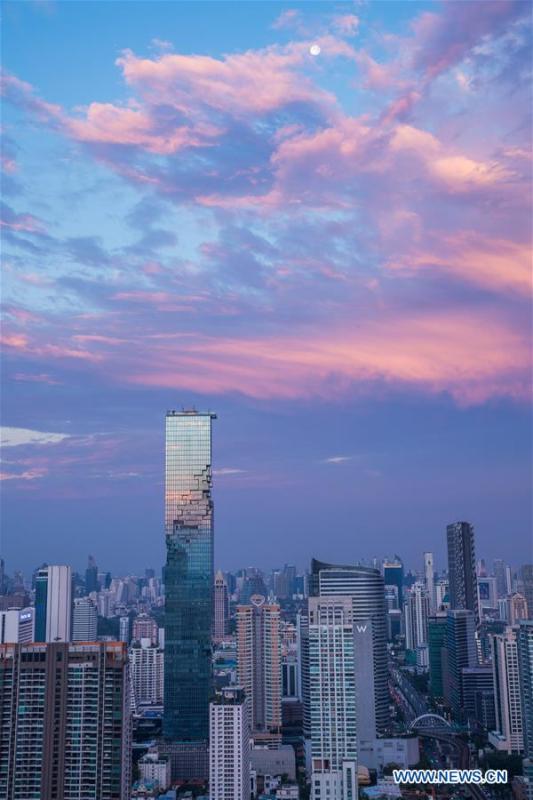 The photo shows King Power MahaNakhon skyscraper under a clear sky after rainfall in Bangkok, Thailand, Feb. 17, 2019. The rainfall helped to improve the air quality in Bangkok. (Xinhua/Zhang Keren)