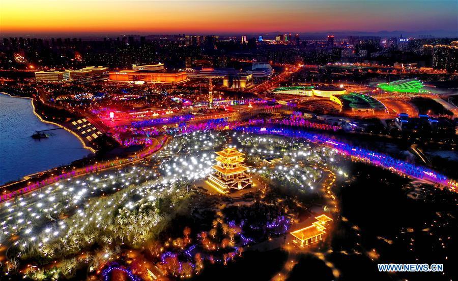 Aerial photo shows a view of the Nanhu Park in Tangshan, north China\'s Hebei Province, Feb. 15, 2019. (Xinhua/Yang Shiyao)