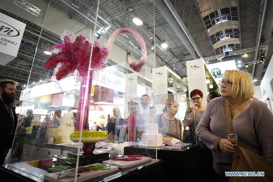 A flamingo-shaped cake is seen on display at the Expo Sweet in Warsaw, Poland, on Feb. 17, 2019. Expo Sweet, one of the largest confectionery and ice-cream fairs in Poland, is held in Warsaw from Feb. 17 to 20. (Xinhua/Jaap Arriens)