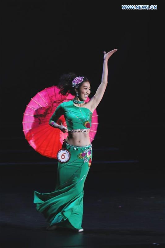Champion of the 2019 Miss Chinatown U.S.A. Pageant Katherine Wu performs dancing during the competition in San Francisco, the United States, Feb. 16, 2019. A total of 12 contestants took part in the final competition organized by San Francisco Chinese Chamber of Commerce. (Xinhua/Liu Yilin)