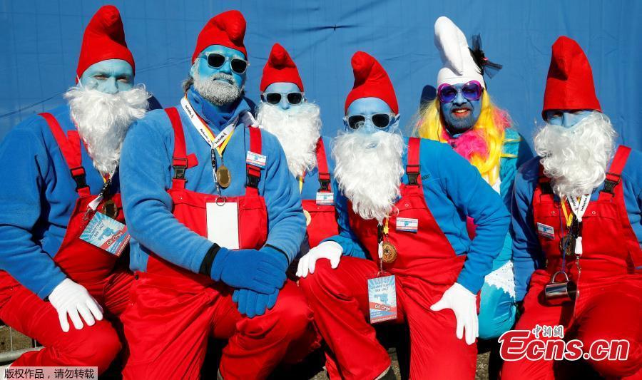 Participants dressed as smurfs pose during an attempt to hold the world\'s largest meeting of smurfs in a bid to outdo the previous record of 2,510 mostly student participants in Wales in 2009 in Lauchringen, Germany, Feb. 16, 2019. (Photo/Agencies)
