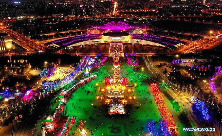 Aerial photo shows a view of the Nanhu Park in Tangshan, north China\'s Hebei Province, Feb. 15, 2019. (Xinhua/Yang Shiyao)