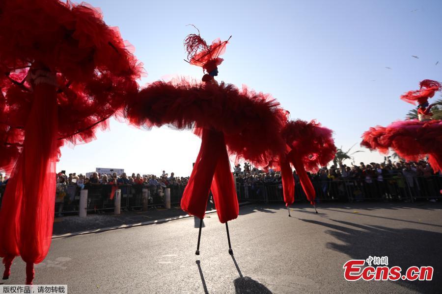 Artists perform during the flower parade as part of the Carnival of Nice, France, Feb. 16, 2019. (Photo/Agencies)