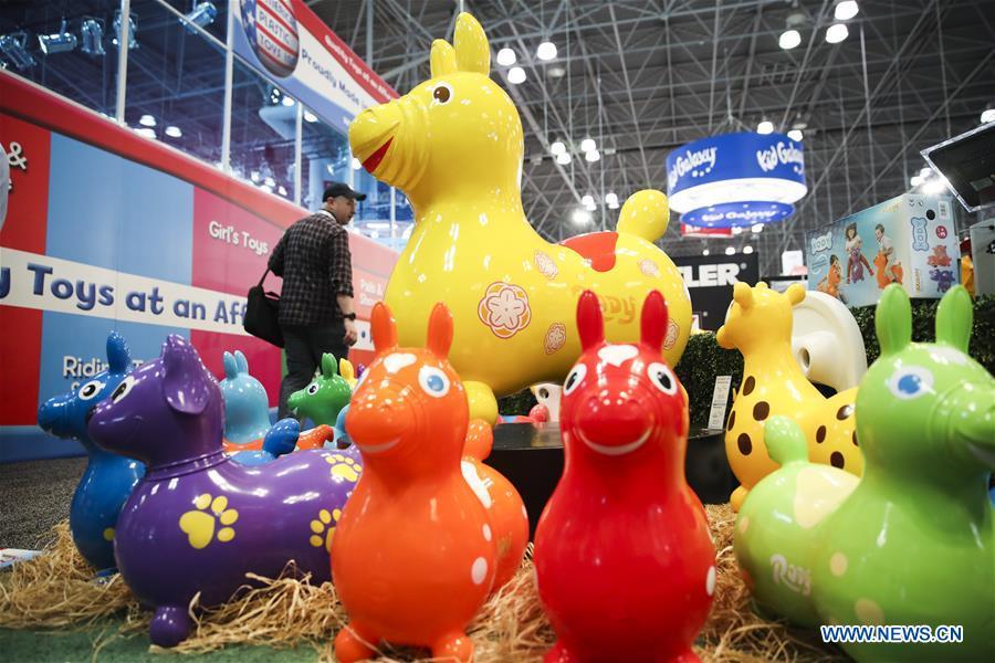 Colorful child\'s riding toys are displayed at the 116th Annual North American International Toy Fair at the Jacob K. Javits Convention Center in New York, the United States, Feb. 16, 2019. The toy fair, held from February 16 to 19 this year, gathered more than 1,000 toy exhibitors and hundreds of thousands of toys and youth entertainment products to retail outlets and trade guests from over 100 countries and regions. (Xinhua/Wang Ying)