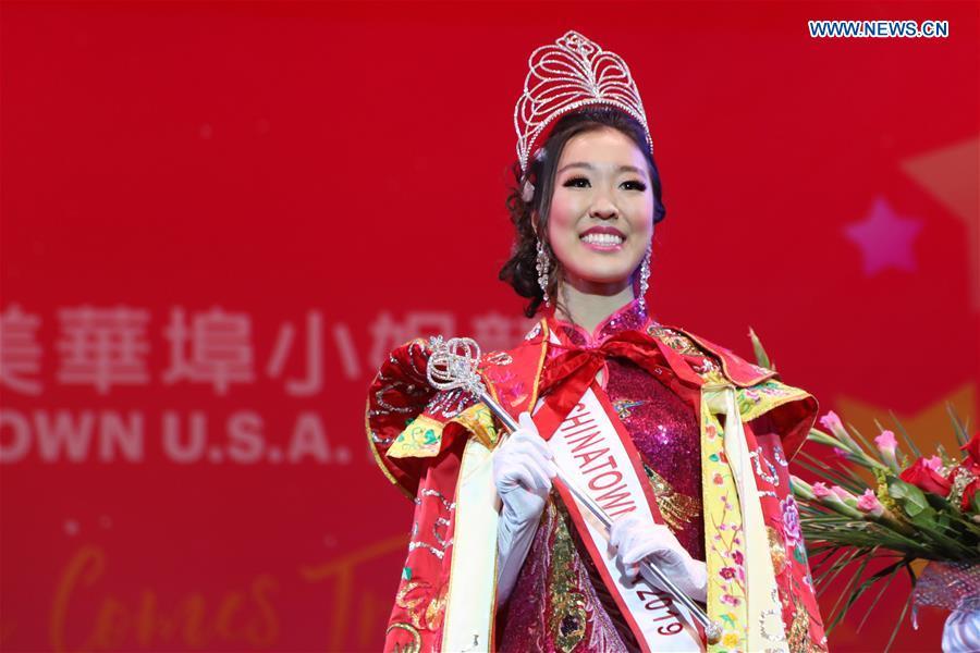 Katherine Wu wins the champion during the final of the 2019 Miss Chinatown U.S.A. Pageant in San Francisco, the United States, Feb. 16, 2019. A total of 12 contestants took part in the final competition organized by San Francisco Chinese Chamber of Commerce. (Xinhua/Liu Yilin)