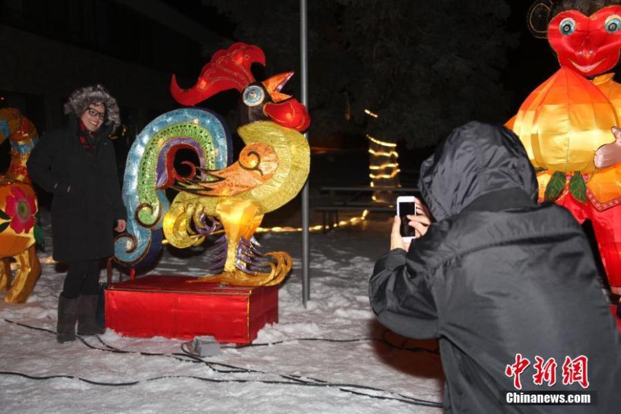 A visitors poses for photos with Chinese lanterns during the 2019 Toronto Qinhuai Lantern Festival in Toronto, Canada, on Feb. 18, 2019. Featuring 23 large festive lanterns from China and lots of traditional Chinese festival activities, the 2019 Toronto Qinhuai Lantern Festival kicked off here on Monday.  (Photo: China News Service: Yu Ruidong)
