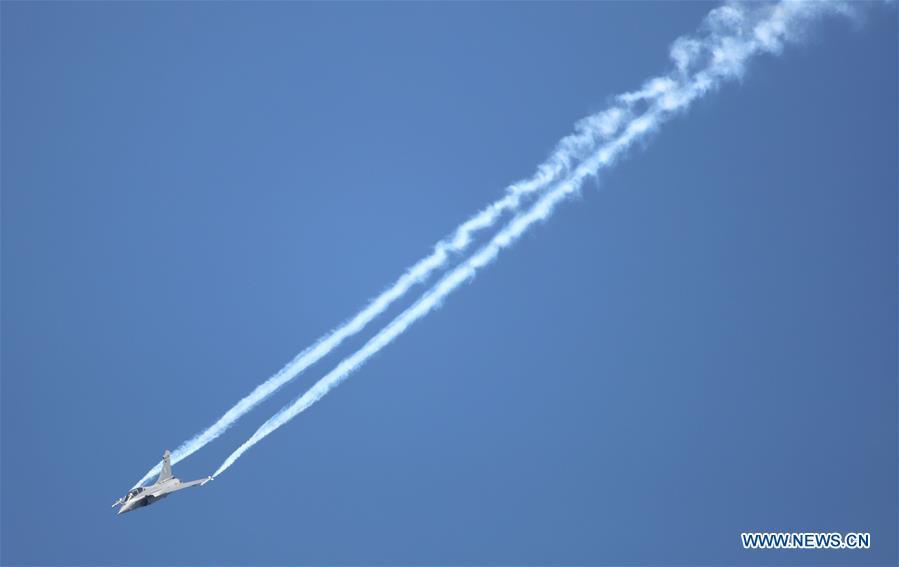 Rafale, a French fighter aircraft, attends the Aero India Show 2019 rehearsal over the Yelahanka air base in Bangalore, India, on Feb. 18, 2019. The five-day Aero India Show 2019 will start on Feb. 20. (Xinhua)