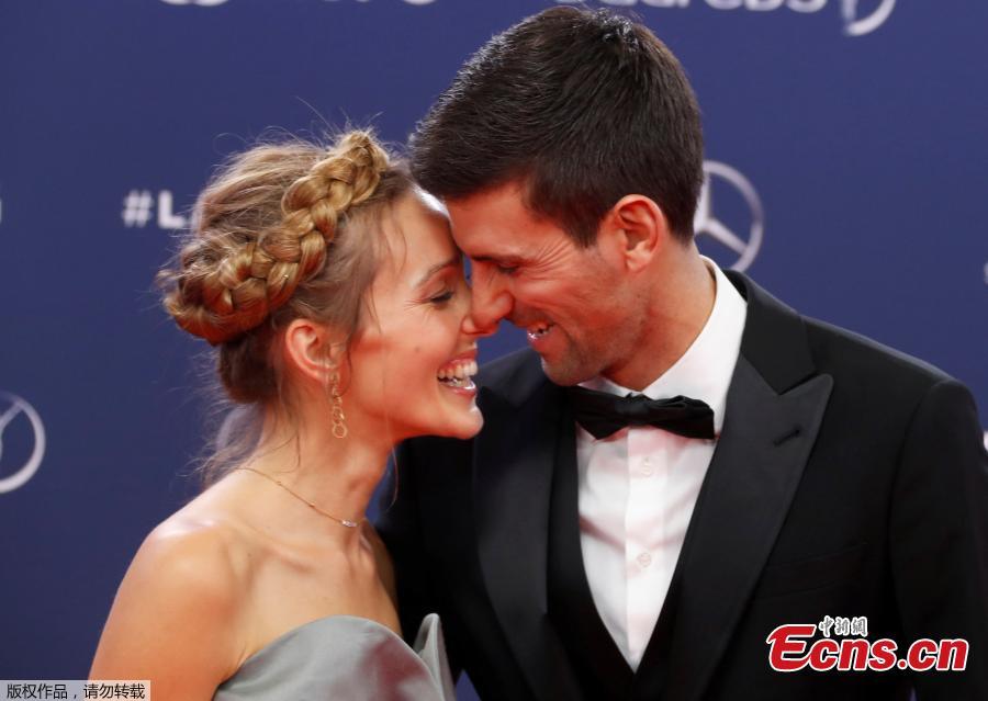 Tennis star Novak Djokovic poses with Jelena Dokovic as they arrive at the ceremony at Laureus World Sports Awards in Salle des Etoiles, Monaco, Feb. 18, 2019. (Photo/Agencies)