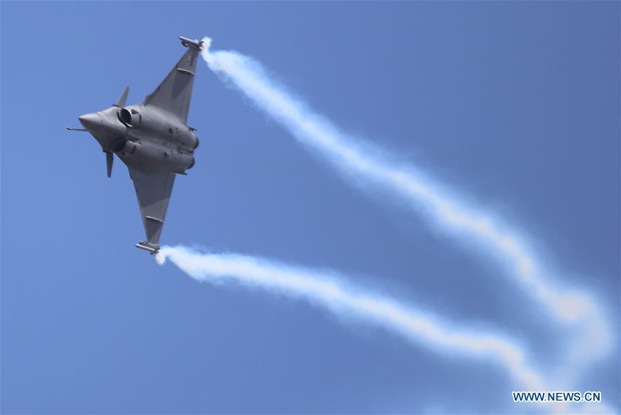 Rafale, a French fighter aircraft, attends the Aero India Show 2019 rehearsal over the Yelahanka air base in Bangalore, India, on Feb. 18, 2019. The five-day Aero India Show 2019 will start on Feb. 20. (Xinhua)