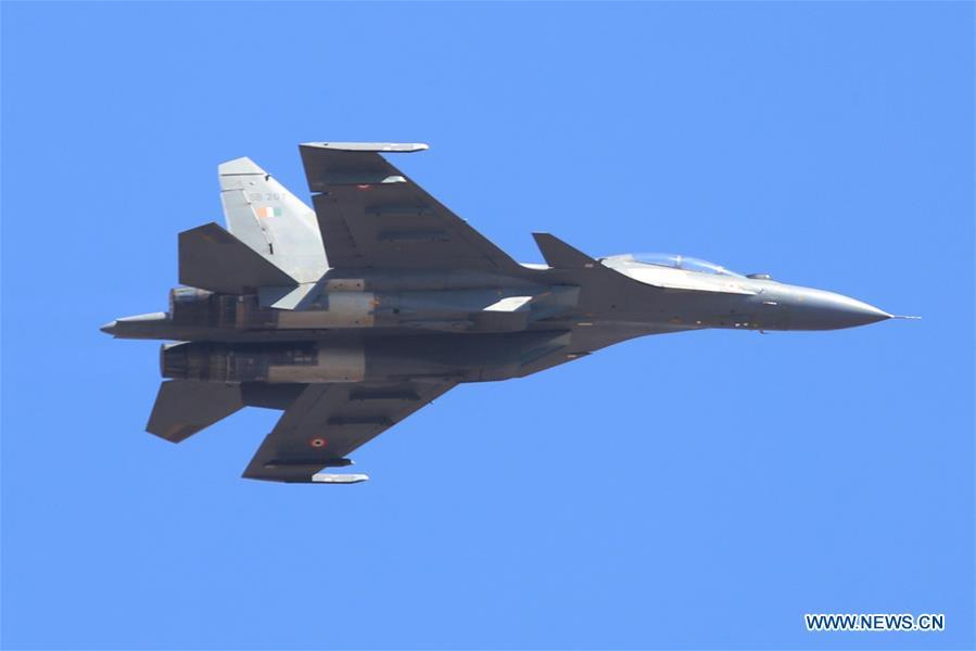 A Sukhoi Su-30 fighter aircraft attends the Aero India Show 2019 rehearsal over the Yelahanka air base in Bangalore, India, on Feb. 18, 2019. The five-day Aero India Show 2019 will start on Feb. 20. (Xinhua)