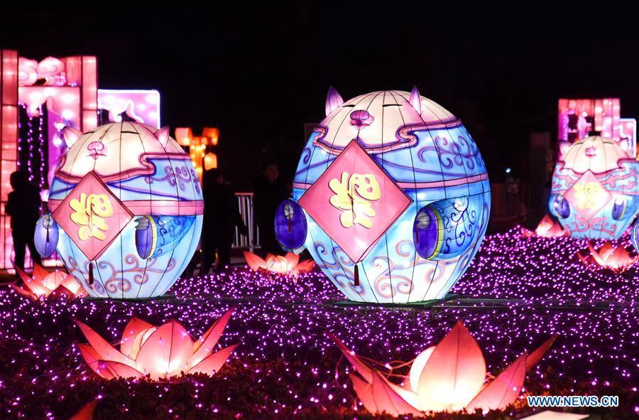 People view colorful lanterns at a relic park in Handan, north China\'s Hebei Province, Feb. 17, 2019. With the approaching of the Lantern Festival, many places across the country are decorated by colorful lanterns. (Xinhua/Hao Qunying)