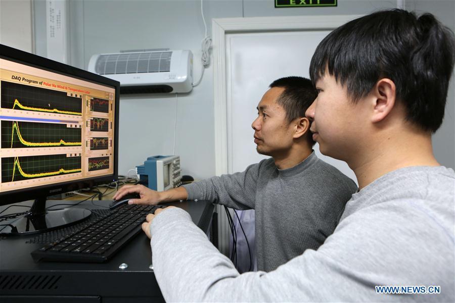 Members of China\'s 35th research mission in Antarctica check data of a fluorescence Doppler lidar system at the Zhongshan Station, a Chinese research base in Antarctica, Feb. 11, 2019. Chinese researchers have installed and tested a fluorescence Doppler lidar system at a research base in Antarctica during a mission that was just concluded last week and are now heading home. The system run at Zhongshan Station had enabled them to simultaneously observe the temperature and the three-dimensional wind field in the atmospheric region mesopause above Antarctica, exploring the middle and upper atmosphere of the polar cusp region. (Xinhua/Liu Shiping)