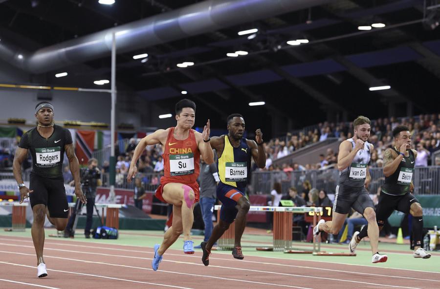China\'s Su Bingtian in action during the men\'s 60 meters in Dusseldorf, Germany, on Feb. 21, 2019.  (Photo/Xinhua)