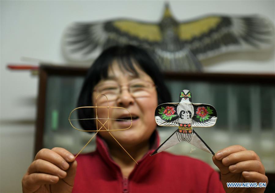 Kite enthusiast Lin Wenqing shows a miniature kite (R) and kite skeleton at home in Shijiazhuang, north China\'s Hebei Province, Feb. 20, 2019. Fu Xianming and his wife Lin Wenqing are known for their passion for kites. The retired school-teacher couple has completed more than 1,500 kites since they began to learn kite-making in 1998. Driven by a wish to master the kite-making crafts, Fu and Lin went on multiple study tours to Weifang, Shandong Province, where traditional Chinese kites originated. Besides enjoying themselves, the couple has also set up a campus workshop for local students who show interest in kite-making. (Xinhua/Chen Qibao)