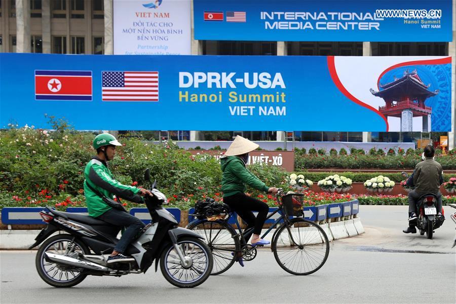 Photo taken on Feb. 24, 2019 shows the exterior of the International Media Center for the second summit between the Democratic People\'s Republic of Korea (DPRK) and the United States in Hanoi, Vietnam. The second DPRK-U.S. summit is scheduled to be held in Hanoi on Feb. 27-28. (Xinhua/Wang Di)