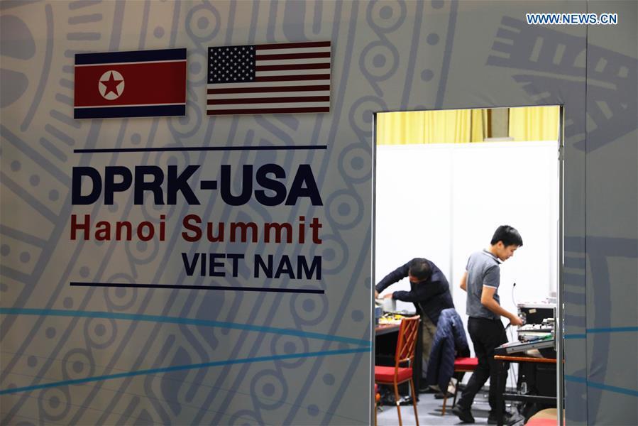 People work at the International Media Center for the second summit between the Democratic People\'s Republic of Korea (DPRK) and the United States in Hanoi, Vietnam, on Feb. 24, 2019. The second DPRK-U.S. summit is scheduled to be held in Hanoi on Feb. 27-28. (Xinhua/Wang Di)