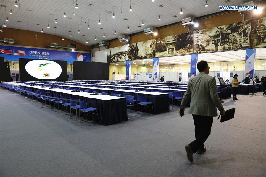 People work at the International Media Center for the second summit between the Democratic People\'s Republic of Korea (DPRK) and the United States in Hanoi, Vietnam, on Feb. 24, 2019. The second DPRK-U.S. summit is scheduled to be held in Hanoi on Feb. 27-28. (Xinhua/Wang Di)