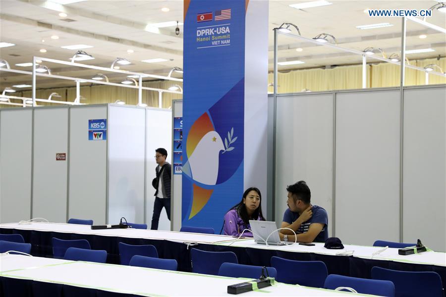 People work at the International Media Center for the second summit between the Democratic People\'s Republic of Korea (DPRK) and the United States in Hanoi, Vietnam, on Feb. 24, 2019. The second DPRK-U.S. summit is scheduled to be held in Hanoi on Feb. 27-28. (Xinhua/Wang Di)