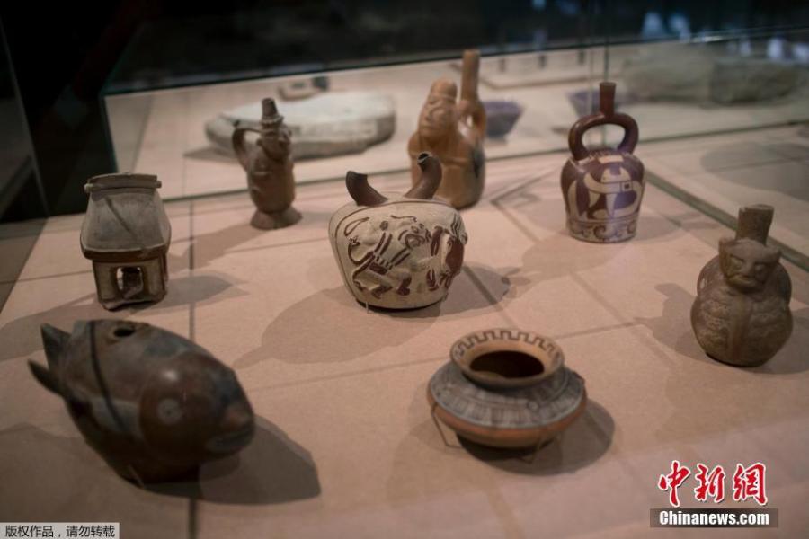 Ceramic pieces from Pre-Columbian cultures rescued from the ashes of last year\'s fire at the National Museum on display in Rio de Janeiro, Brazil, Feb. 25, 2019. The exhibit is titled \