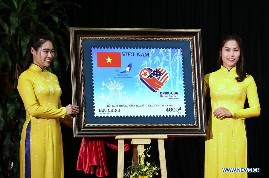 A special launching ceremony of the stamp commemorating the DPRK-USA summit is held in Hanoi, Vietnam, Feb. 26, 2019. (Xinhua/Wang Shen)