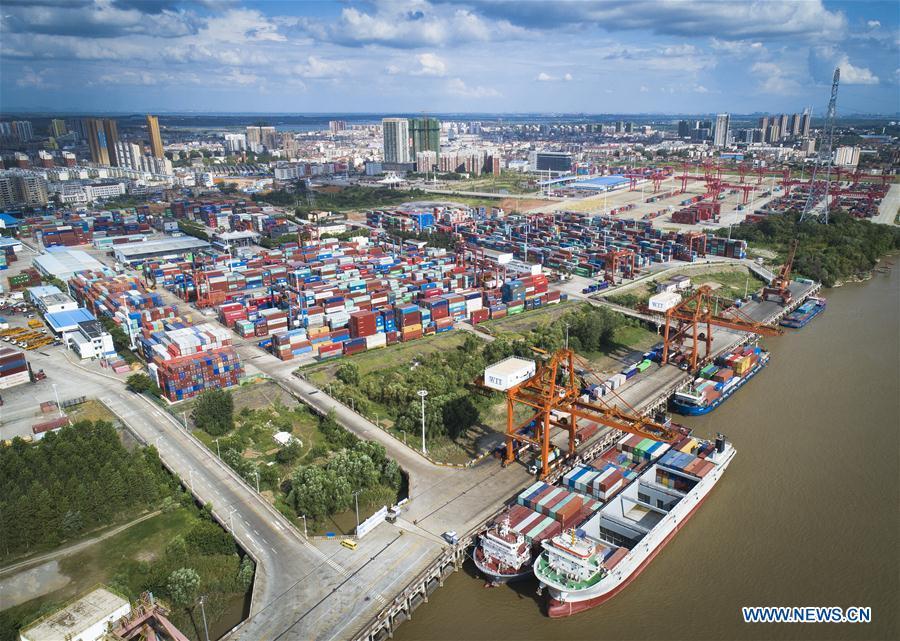 Aerial photo taken on Aug. 13, 2018 shows the Yangluo port in Wuhan, capital of central China\'s Hubei Province. China Development Bank (CDB), the world\'s largest development finance institution, has extended trillions of yuan of loans to support the development of the Yangtze River Economic Belt. As of December 2018, outstanding loans to 11 provincial-level regions along the belt amounted to 3.85 trillion yuan (about 575 billion U.S. dollars), according to the CDB. New yuan loans to these regions reached 304.5 billion yuan last year, accounting for 48 percent of the bank\'s total new yuan loans. The funds mainly went to major projects in the fields of ecological protection and restoration, infrastructure connectivity, and industrial transformation and upgrading. The CDB will continue to support ecological protection and green development of the Yangtze River in 2019, said CDB Chairman Zhao Huan. China issued a development plan for the Yangtze River Economic Belt in September 2016 and a guideline for green development of the belt in 2017. The Yangtze River Economic Belt consists of nine provinces and two municipalities that cover roughly one-fifth of China\'s land. It has a population of 600 million and generates more than 40 percent of the country\'s GDP. (Xinhua/Xiao Yijiu)