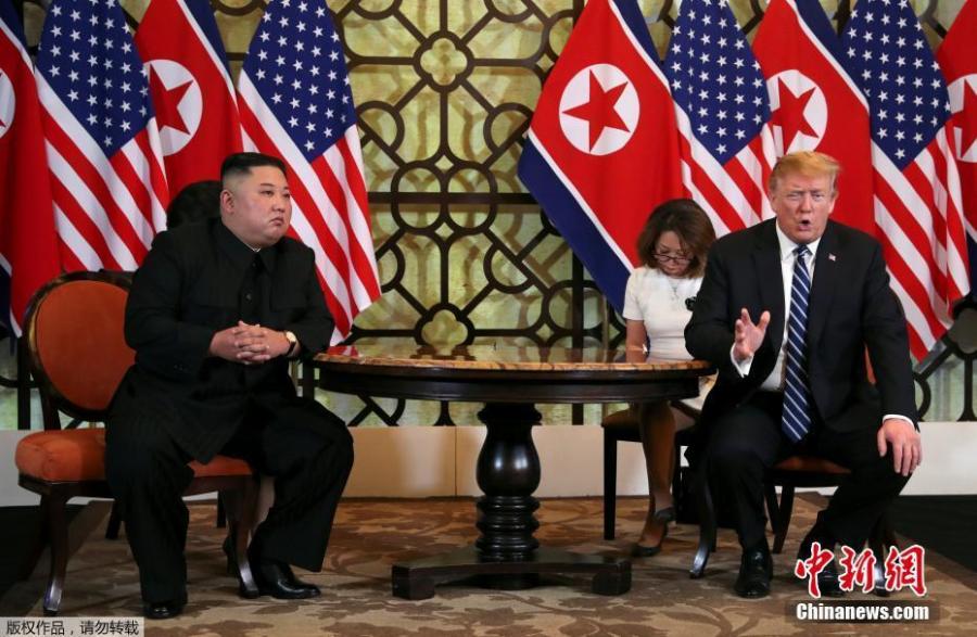 DPRK top leader Kim Jong-un and U.S. President Donald Trump sit down before their one-on-one chat during the second U.S.-DPRK summit at the Sofitel Legend Metropole Hanoi hotel, Feb. 28, 2019, in Hanoi.(Photo/Agencies)