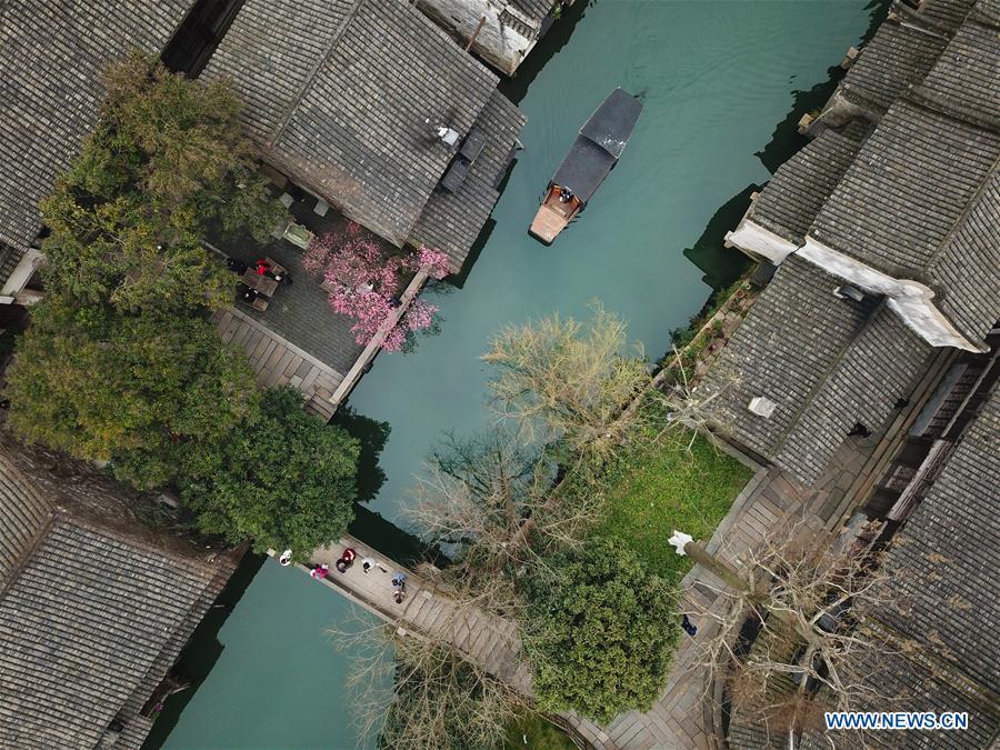 Aerial photo taken on Feb. 25, 2019 shows the Wuzhen scenic spot of Tongxiang City, east China\'s Zhejiang Province. As \