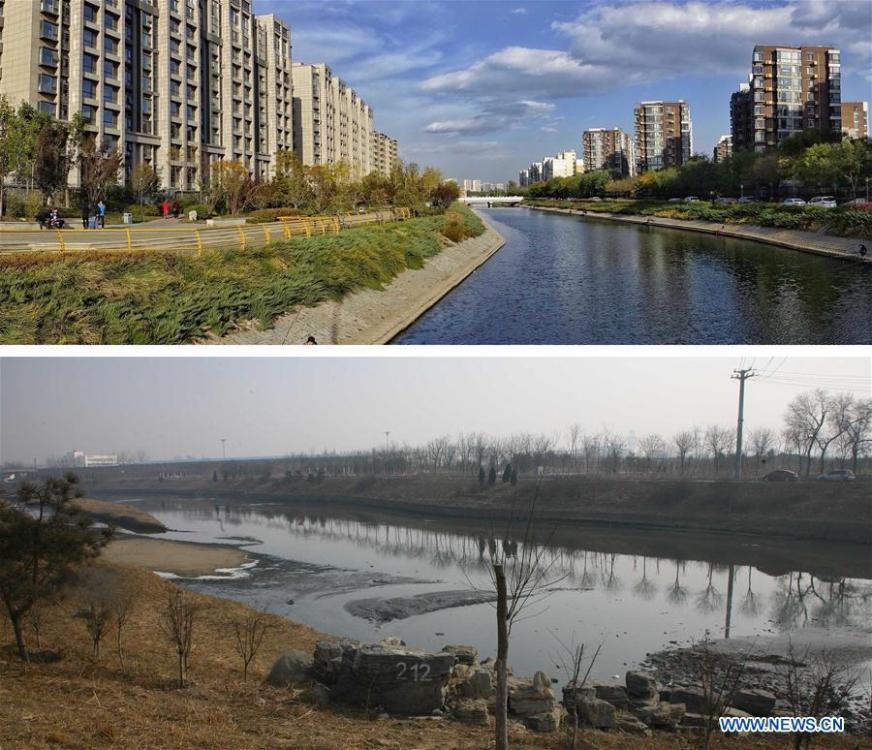 Combo photo shows the residential area along Liangshui River, Oct. 27, 2018 (upper, photo taken by Li Xin) and the view of Liangshui River, Feb. 27, 2013. As \