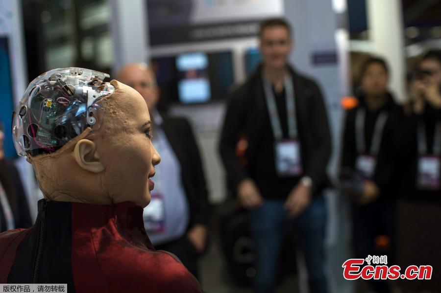 Sophia, the humanoid robot, created by Hanson Robotics, exhibited during the Mobile World Congress in Barcelona, Spain, Feb. 26, 2019. The annual Mobile World Congress (MWC) runs from 25-28 February in Barcelona, where companies from all over the world gather to share new products. (Photo/Agencies)