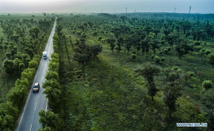 Aerial photo taken on Aug. 1, 2018 shows cars running on the newly-built road at Dongkeng Township of Yulin city, northwest China\'s Shaanxi Province. As \