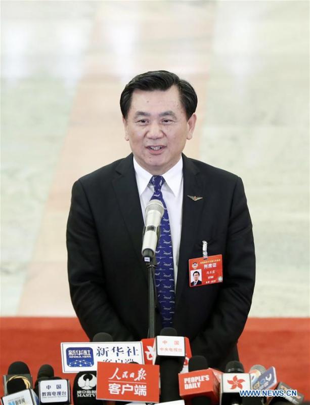 Feng Zhenglin, head of the Civil Aviation Administration of China (CAAC), receives an interview after the opening meeting of the second session of the 13th National Committee of the Chinese People\'s Political Consultative Conference (CPPCC) at the Great Hall of the People in Beijing, capital of China, March 3, 2019. (Xinhua/Xing Guangli)