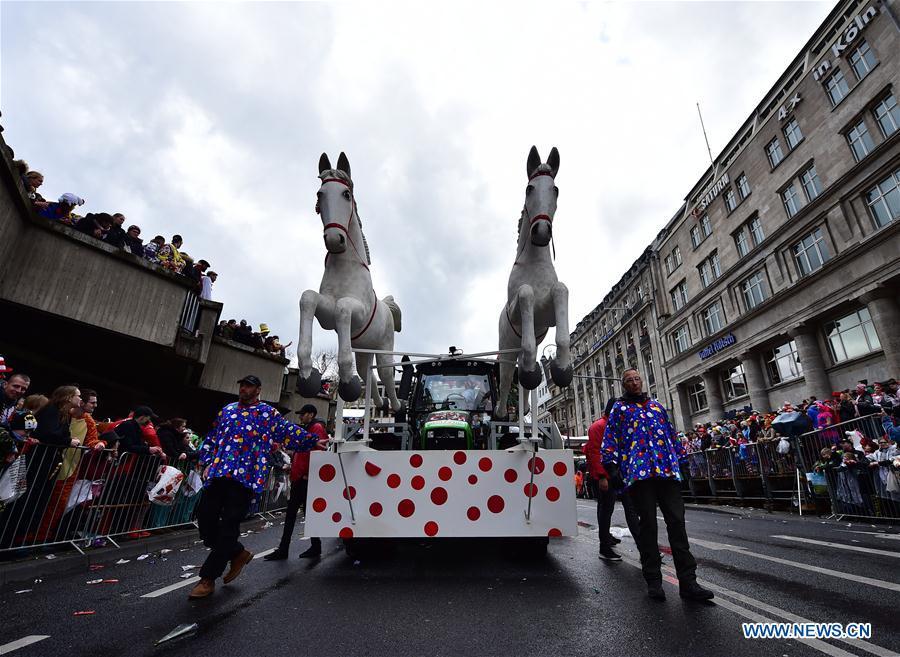 A float runs during the Rose Monday carnival parade in Cologne, Germany, on March 4, 2019. The Rose Monday parade marks the high point of Cologne\'s annual carnival. (Xinhua/Lu Yang)