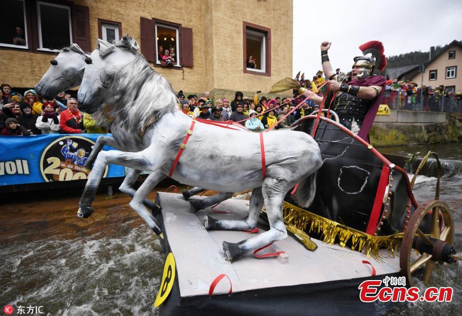 Photo taken on March 4, 2019 shows the Da-Bach-na-Fahrt in Schramberg, Germany. With a goal to arrive at the finish with dry feet, 42 participants drove with their \