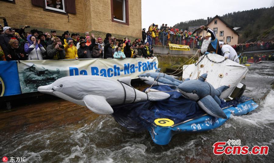 Photo taken on March 4, 2019 shows the Da-Bach-na-Fahrt in Schramberg, Germany. With a goal to arrive at the finish with dry feet, 42 participants drove with their \