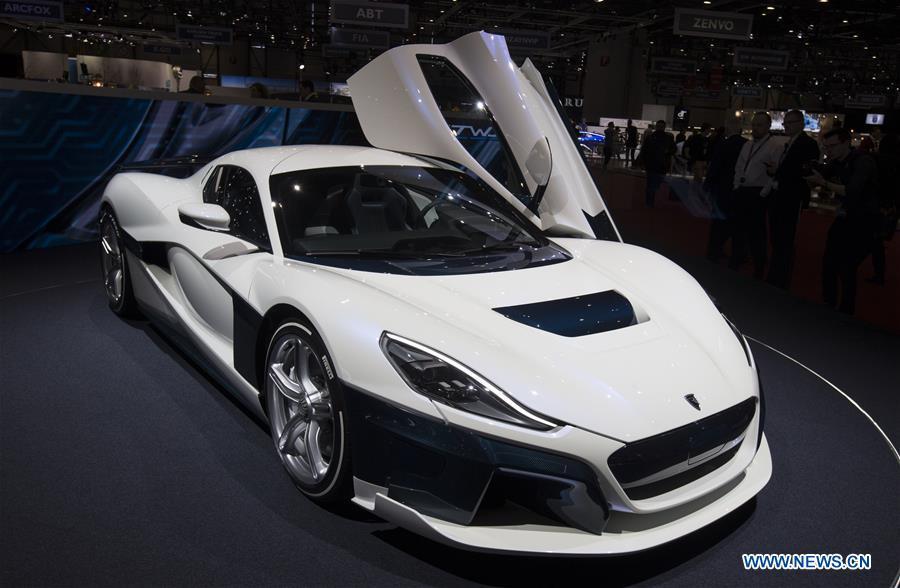 A Rimac C Two is seen on the first press day of the 89th Geneva International Motor Show in Geneva, Switzerland, on March 5, 2019. Featuring about 220 world exhibitors, the 89th Geneva International Motor Show will be opened to the public from March 7 to 17. (Xinhua/Xu Jinquan)