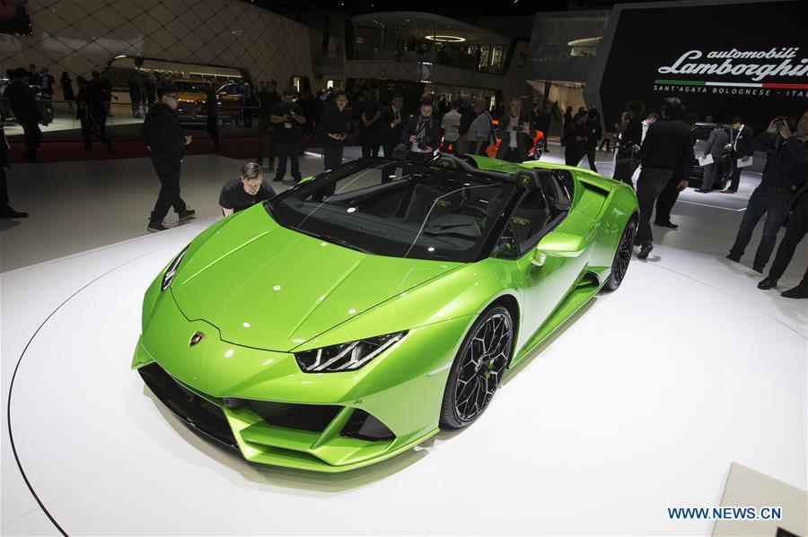 A Lamborghini Huracan EVO Spyder is seen on the first press day of the 89th Geneva International Motor Show in Geneva, Switzerland, March 5, 2019. Featuring about 220 world exhibitors, the 89th Geneva International Motor Show will be opened to the public from March 7 to 17. (Xinhua/Xu Jinquan)