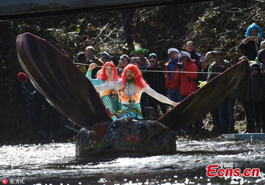Photo taken on March 4, 2019 shows the Da-Bach-na-Fahrt in Schramberg, Germany. With a goal to arrive at the finish with dry feet, 42 participants drove with their \