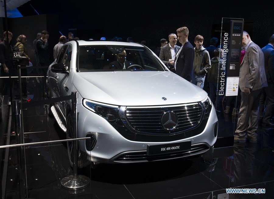 Photo taken on March 6, 2019 shows the Mercedes-Benz EQC 400 4MATIC at the 89th Geneva International Motor Show in Geneva, Switzerland. Electric cars and hybrid cars are highlights at this year\'s Geneva International Motor Show, which will open to the public from March 7 to 17. (Xinhua/Xu Jinquan)