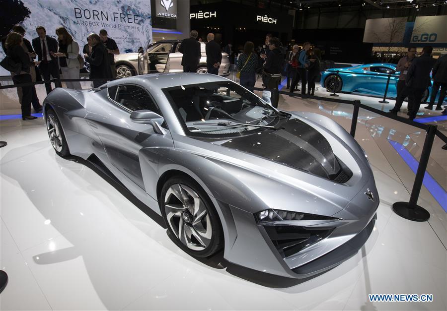 Photo taken on March 6, 2019 shows the Arcfox-GT electric vehicle at the 89th Geneva International Motor Show in Geneva, Switzerland. Electric cars and hybrid cars are highlights at this year\'s Geneva International Motor Show, which will open to the public from March 7 to 17. (Xinhua/Xu Jinquan)