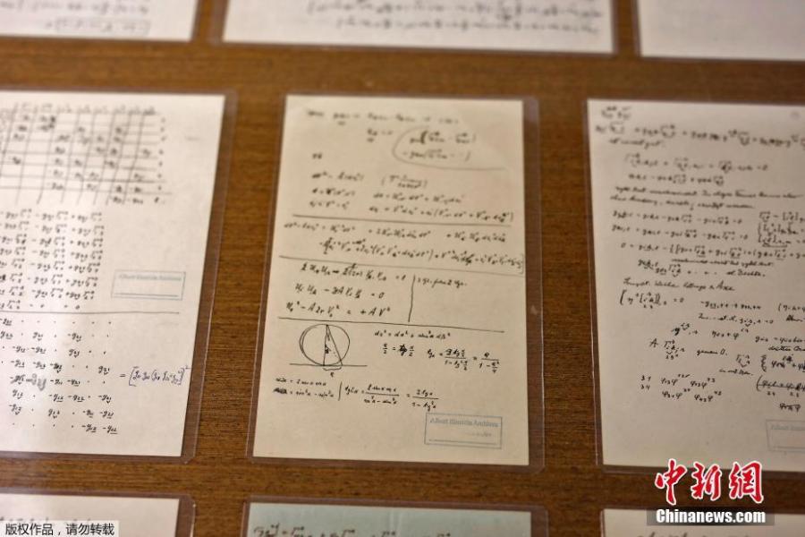 Part of a collection of 110 manuscript pages written by Albert Einstein are seen on display at the Givat Ram Hebrew University of Jerusalem, March 6, 2019.  (Photo/Agencies)

To mark Einstein\'s 140th birthday on March 14, the Givat Ram Hebrew University of Jerusalem unveiled 110 Einstein\'s manuscripts, most of which have not been displayed before.