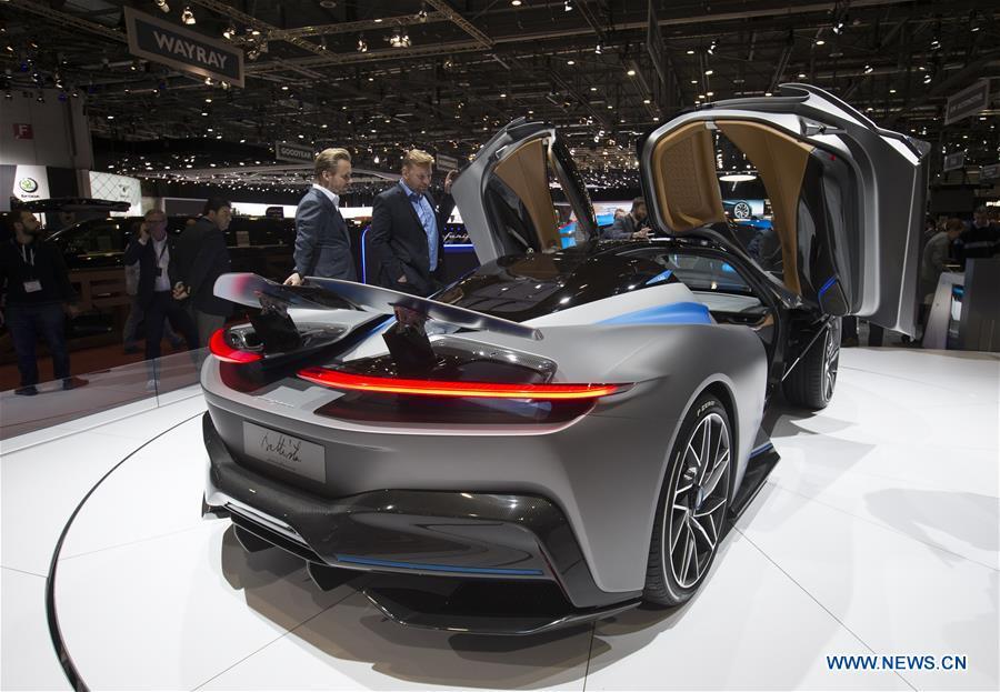 Photo taken on March 6, 2019 shows the Pininfarina Battista Electric Hypercar at the 89th Geneva International Motor Show in Geneva, Switzerland. Electric cars and hybrid cars are highlights at this year\'s Geneva International Motor Show, which will open to the public from March 7 to 17. (Xinhua/Xu Jinquan)