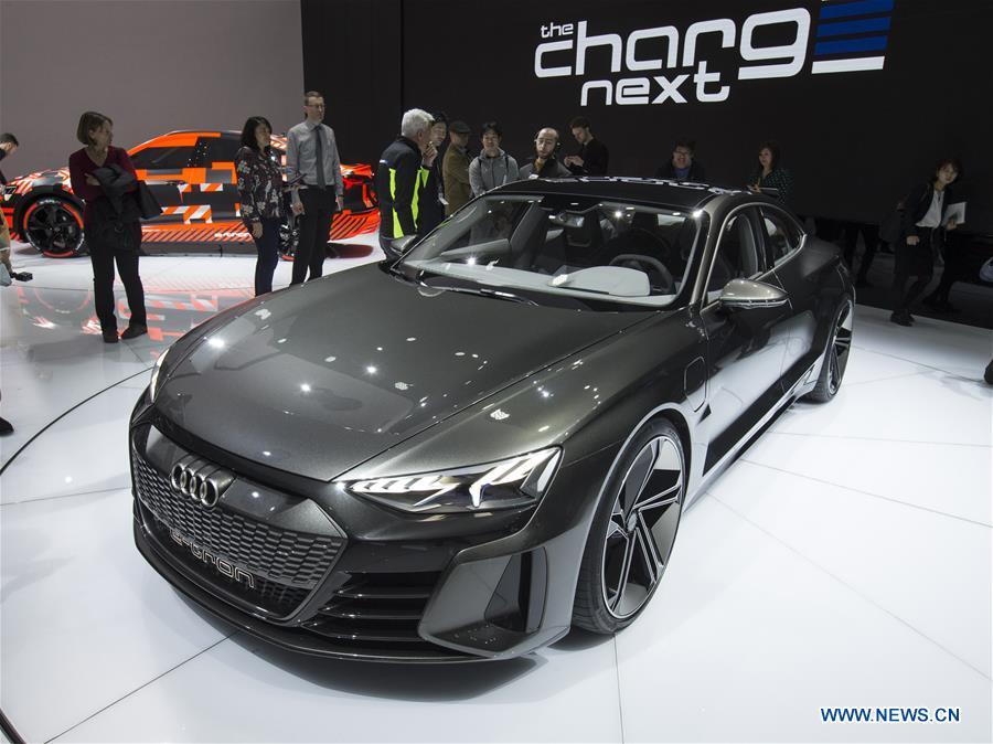 Photo taken on March 6, 2019 shows the Audi e-tron GT concept car at the 89th Geneva International Motor Show in Geneva, Switzerland. Electric cars and hybrid cars are highlights at this year\'s Geneva International Motor Show, which will open to the public from March 7 to 17. (Xinhua/Xu Jinquan)