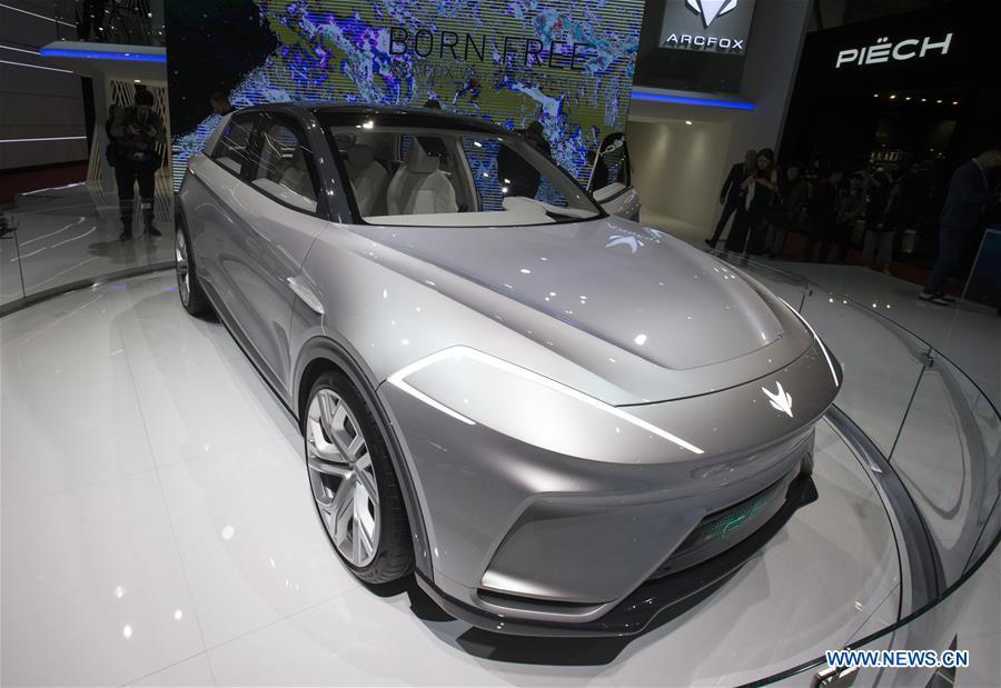 Photo taken on March 6, 2019 shows the Arcfox ECF Concept at the 89th Geneva International Motor Show in Geneva, Switzerland. Electric cars and hybrid cars are highlights at this year\'s Geneva International Motor Show, which will open to the public from March 7 to 17. (Xinhua/Xu Jinquan)