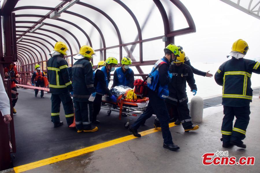 The Marine and Water Bureau and other related departments in Macao carry out a drill aimed at strengthening marine response capabilities in the event of an emergency, March 6, 2019. For the first time, a drone was used to assist search and rescue in the one-and-a-half-hour drill. (Photo: China News Service/Zhong Xin)
