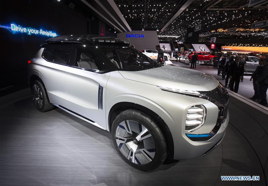Photo taken on March 6, 2019 shows the Mitsubishi Engelberg Tourer PHEV concept at the 89th Geneva International Motor Show in Geneva, Switzerland. Electric cars and hybrid cars are highlights at this year\'s Geneva International Motor Show, which will open to the public from March 7 to 17. (Xinhua/Xu Jinquan)