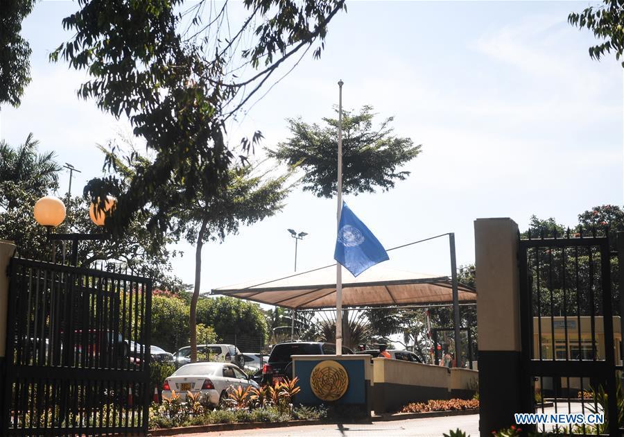 The United Nations flag flies at half mast to mourn for the victims of Ethiopian Airlines crashed plane at the headquarters of the UN Environmental Programme (UNEP) in Nairobi, Kenya, March 11, 2019. (Xinhua/Li Yan)