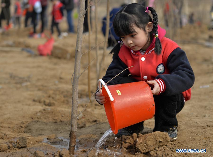 A child waters a tree at Wuzhong Village in Qiaoxi District of Xingtai City, north China\'s Hebei Province, March 11, 2019. Students from Guoshoujing Primary School took part in a tree-planting activity to greet the upcoming Tree Planting Day, also known as Arbor Day, which falls on March 12 each year. (Xinhua/Mu Yu)