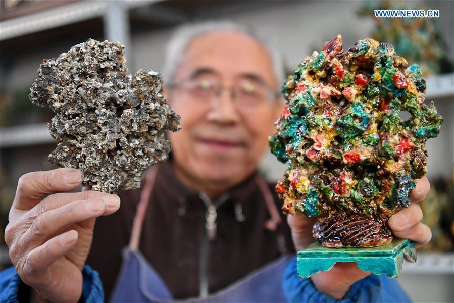 Ge Yuansheng, inheritor of coloured glaze firing skill, a national intangible cultural heritage listed in 2008, displays a piece of coal cinder (L) and a piece of coloured glaze made of coal cinder at his workshop in Taiyuan, north China\'s Shanxi Province, March 13, 2019. Ge has been applying his skill of coloured glaze firing to waste coal cinder for five years. After going through dozens of processes, the waste material would be made into delicate artwork. (Xinhua/Cao Yang)