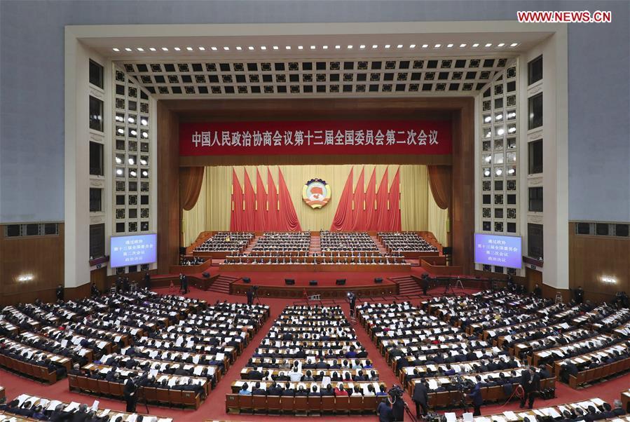 The closing meeting of the second session of the 13th National Committee of the Chinese People\'s Political Consultative Conference (CPPCC) is held at the Great Hall of the People in Beijing, capital of China, March 13, 2019. (Xinhua/Ding Haitao)